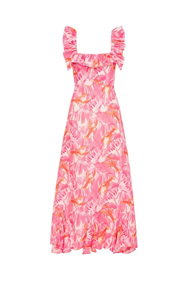 Pink Tropical Ruffle Maxi Dress